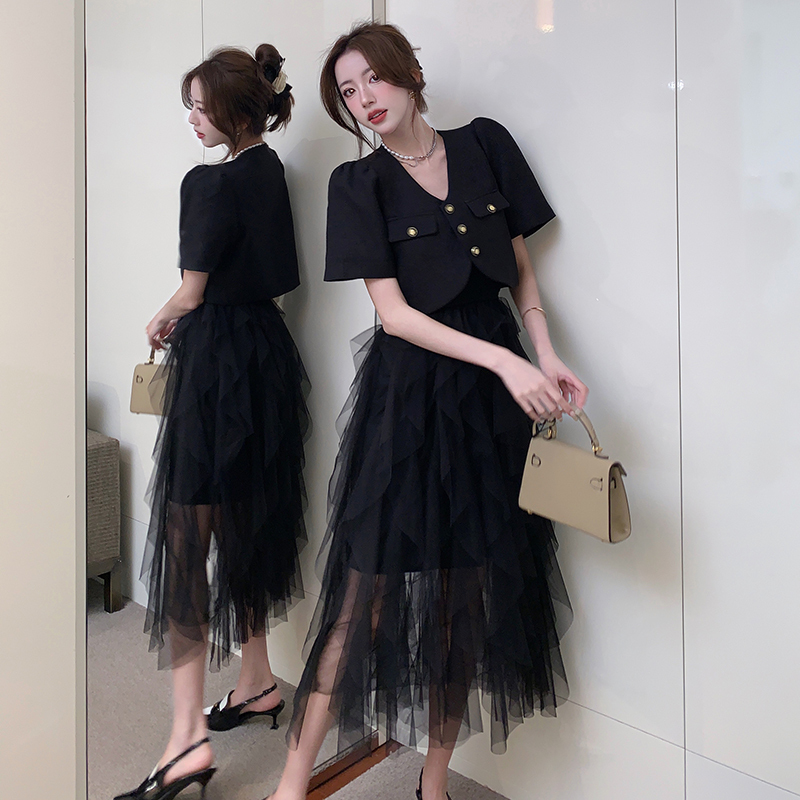 Real Shot Spot Elegant French Socialite Classic Style Short Sleeve Suit Coat Sling Cake Gauze Skirt Two-Piece Suit