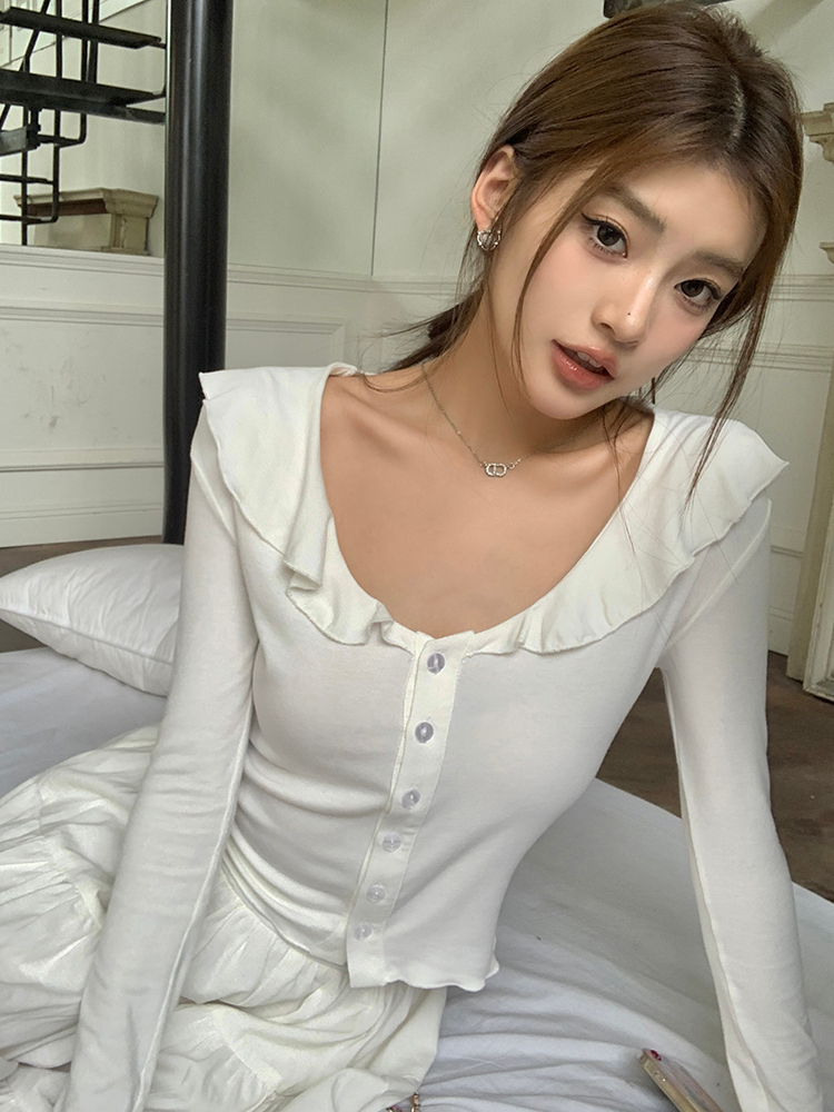 Ruffle Long Sleeve Tee 木耳边开衫长袖t恤*2 Colors