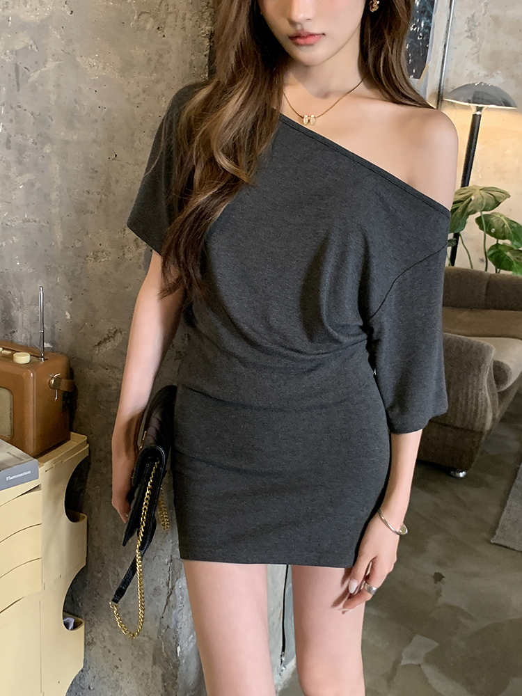 Real Shot 2025 Spring Summer New Dark Gray Knitted Bodycon Dress Sexy Hot Girl Off-Shoulder Asymmetric Dress Short Dress