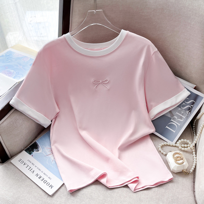 Starting Real Shot Spot ~ Summer New High Quality Refreshing Ice Cream Color Stitching Bow Embroidered Cotton T-shirt