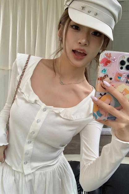 Ruffle Long Sleeve Tee 木耳边开衫长袖t恤*2 Colors