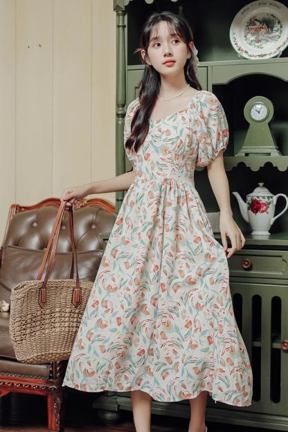 Tea Break French Square Collar Floral Puff Sleeve Dress Female Summer Small Back Cutout A- line Skirt 40