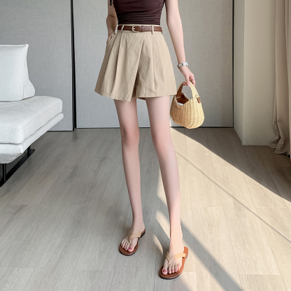 Real Shot Spot Casual Shorts Women 2024 Summer Workwear Short Culottes High Waist Loose Wide Leg Pants A- line Short Pantskirt