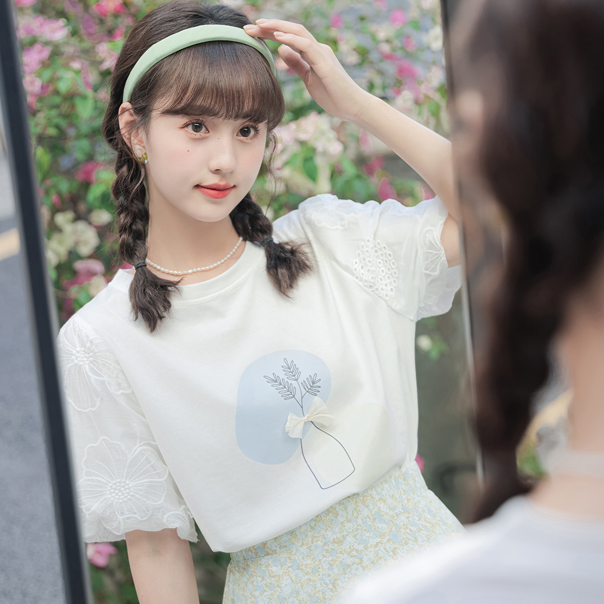 Floral Patterned Puff Sleeve Tee 植物印花泡泡袖T恤