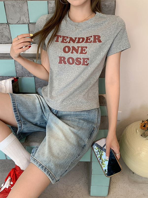 Real Shot Real Price Summer 2025 New Round Neck Slim Fit Slimming Regular Shoulder Short Sleeve T-Shirt Women Letter Print Top
