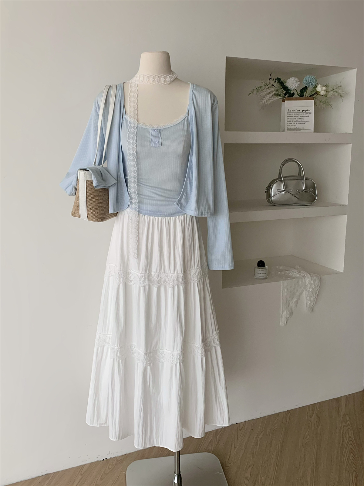 飘带开衫吊带半身裙三件套