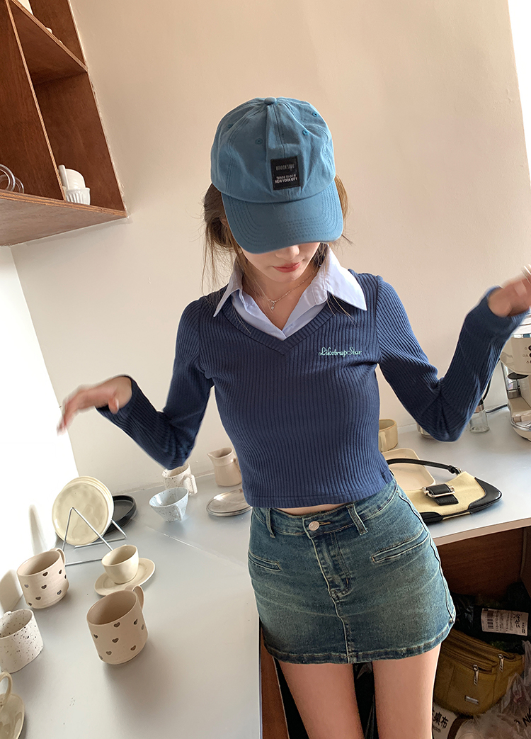 Slim Fit V-Neck Layered Shirt 蓝色假两件V领长袖修身T恤 