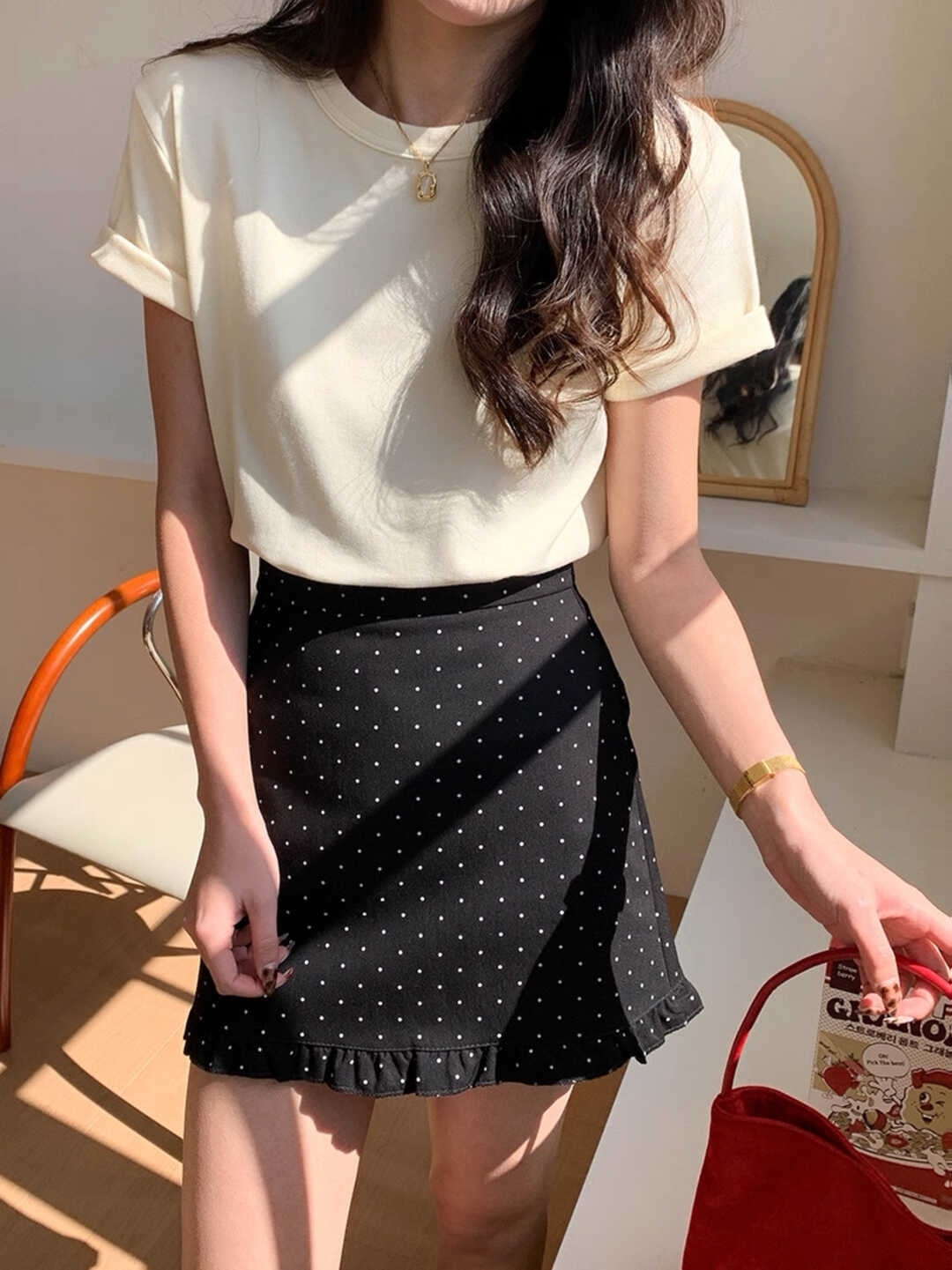 Ruffled Polka Dot Midi Skirt