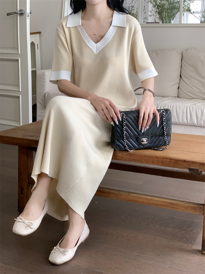 Vintage V-Neck Knit Dress  法式复古V领针织连衣裙*3Colors