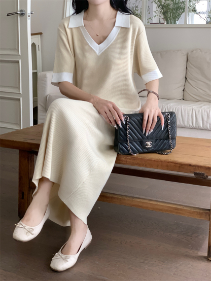 Vintage V-Neck Knit Dress  法式复古V领针织连衣裙*3Colors