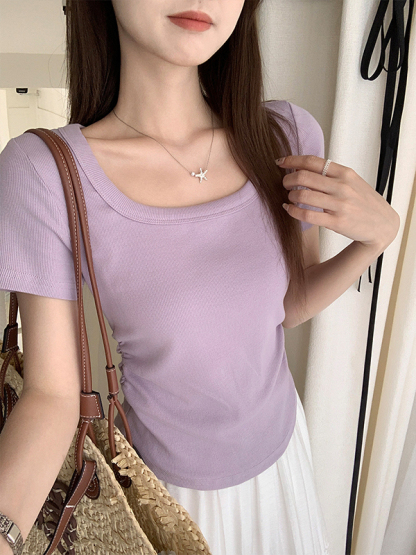 Taro Purple Pure Desire Ruched Square Neck Short Sleeve T-Shirt 方领抽褶短款T恤