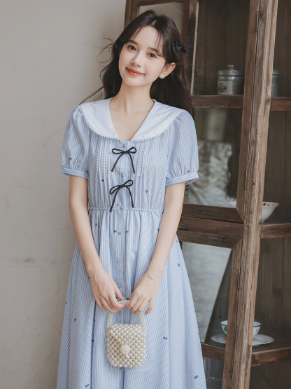 Fresh Dress College Style Age-Reducing Sailor Collar Bow Jacquard Fitted Waist Striped Long Dress 50