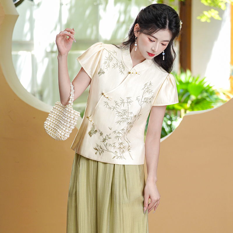 缎面盘扣上衣+裙裤套装 New Chinese Style Hanfu Satin Oblique Collar Heavy Embroidery Button Top with Ethnic Style Skirt Pants Set