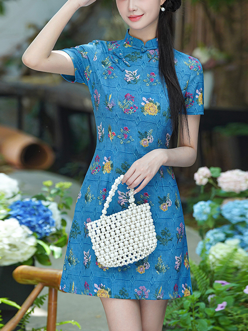 Fresh Floral Print Improved Cheongsam New Chinese Style Retro Age-Reducing Commuting Daily Wear Dress