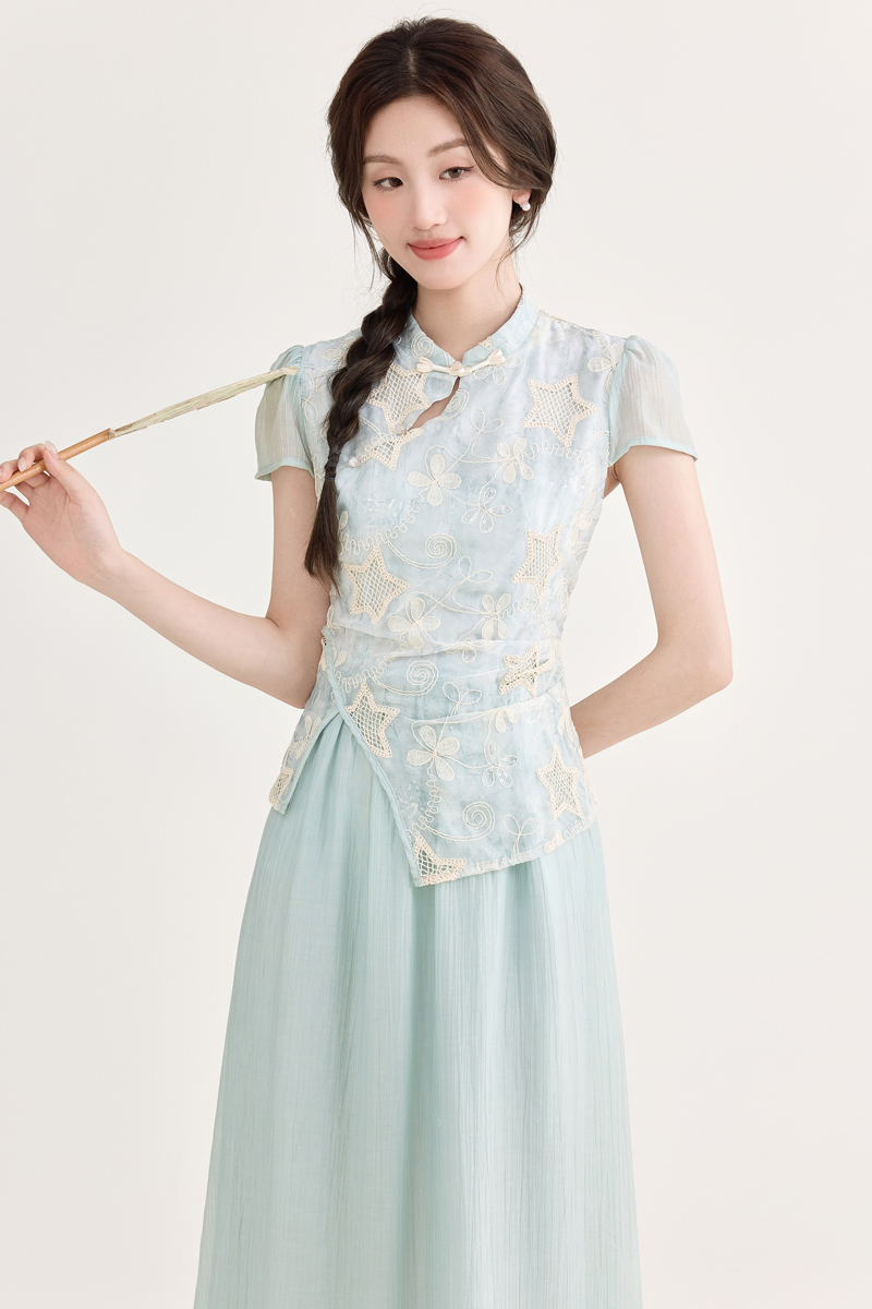 蓝色气质假两件印花连衣裙 Summer New Chinese Style Jacquard Embroidered Qipao Dress Fake Two-Piece Irregular Elegant Dress