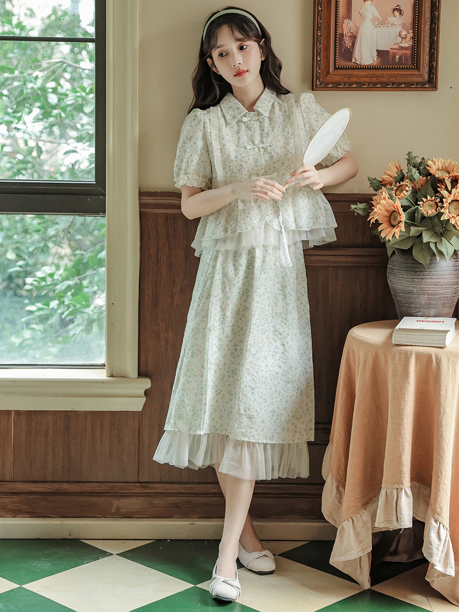 Green Shivering Embroidery Suit New Chinese Style Puff Sleeve Top Women's Fresh Sweet Skirt Price Limit 40