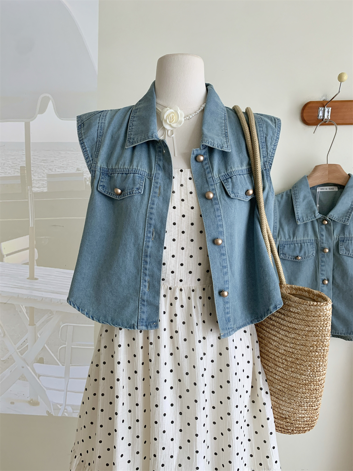 Retro Denim Blouse with Slip Dress复古牛仔衬衫吊带连衣裙两件套