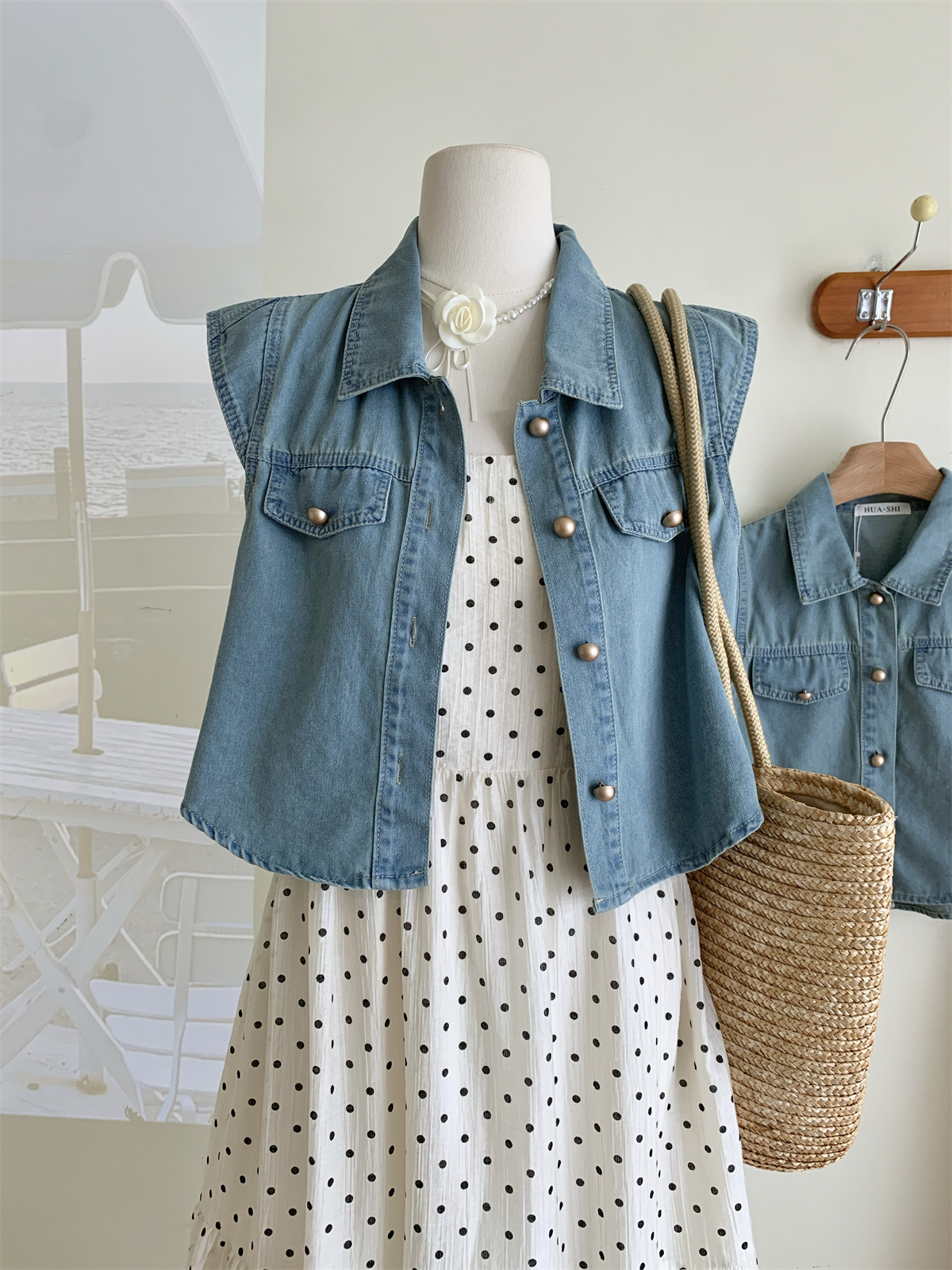 Retro Denim Blouse with Slip Dress复古牛仔衬衫吊带连衣裙两件套