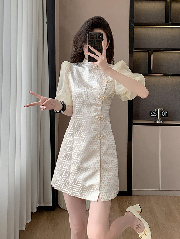 2024 New Chinese Style High-End Women's Jacquard Woven Gold Dress High-Grade Slimming Temperament Western Style Cheongsam Dress