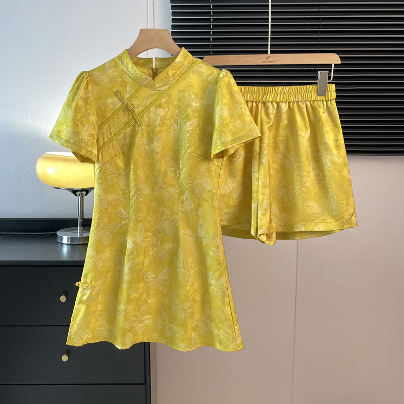 Real Shot New Chinese Style National Style Elegant Stand Collar Jacquard Classical Pattern Ethnic Style Improved Summer Top and Shorts Set