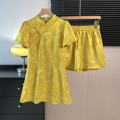 Real Shot New Chinese Style National Style Elegant Stand Collar Jacquard Classical Pattern Ethnic Style Improved Summer Top and Shorts Set