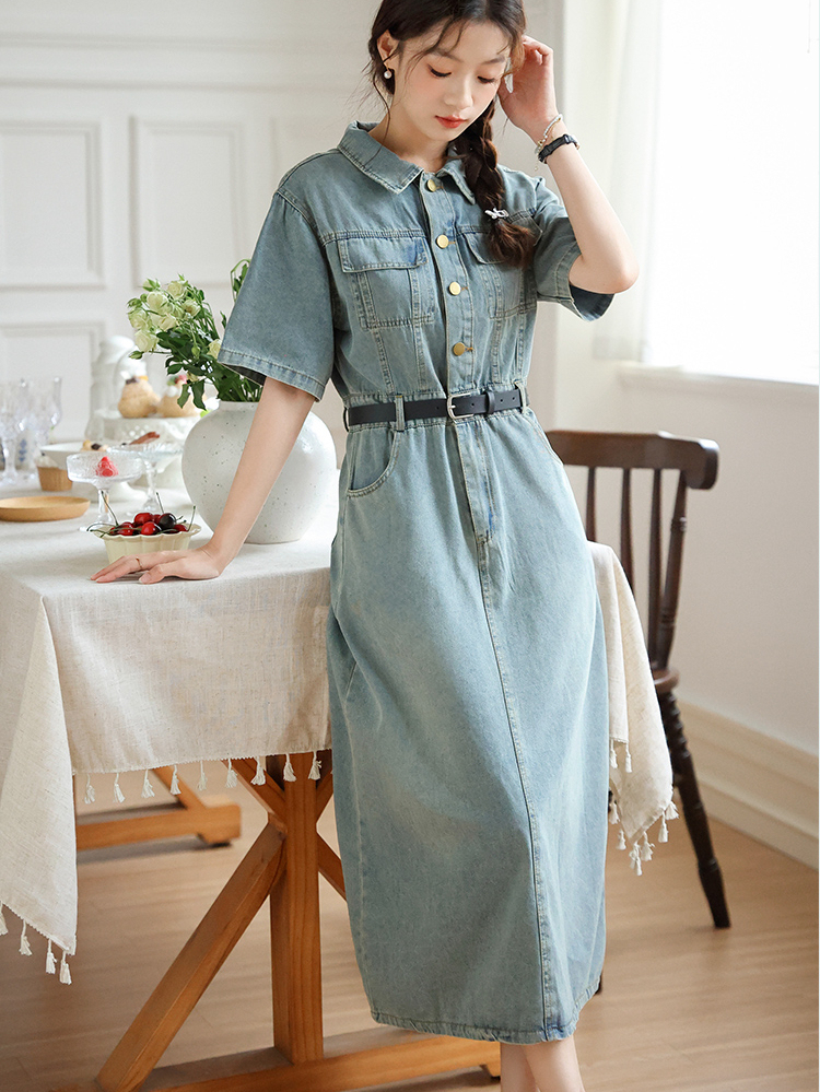 No Less than 138 Real Shot Spot Summer Long Denim Dress