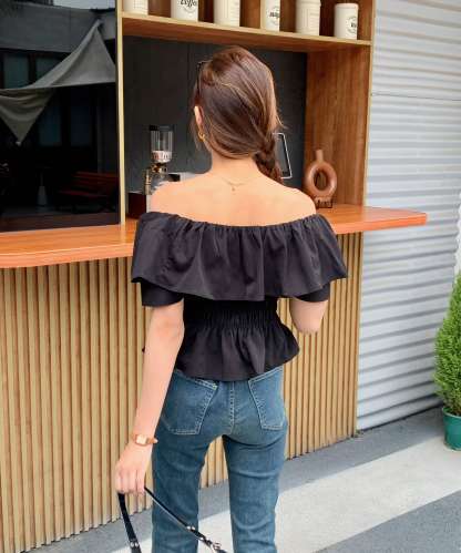 Off-Shoulder Ruffled Top荷叶边一字领收腰上衣*2 Colors