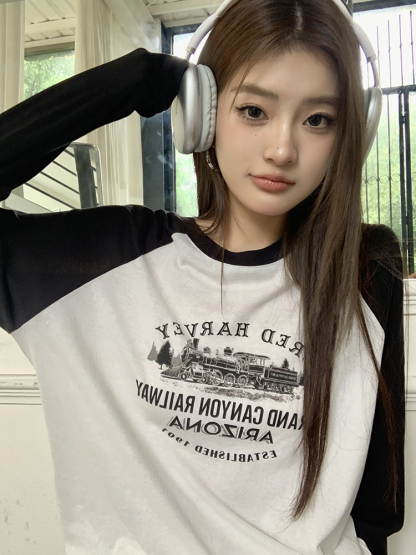 Contrast Color Long Sleeve T-shirt美式印花撞色长袖T恤 *2Colors