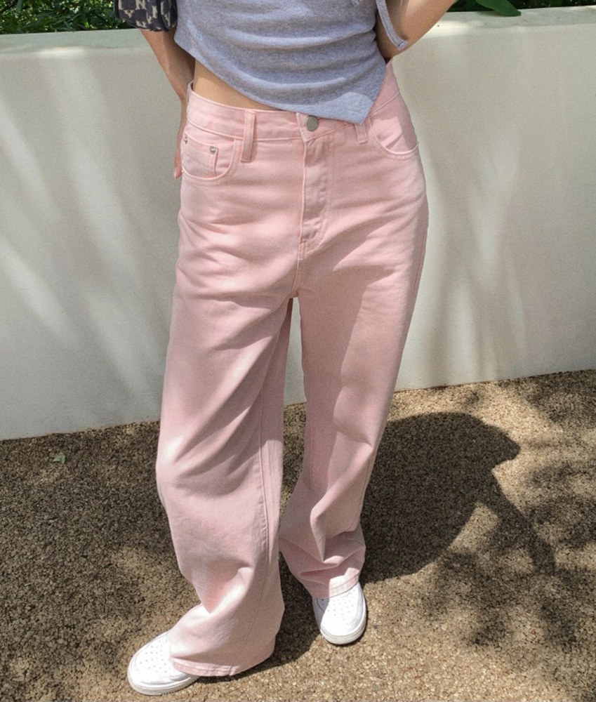 粉色阔腿牛仔裤 pink denim women's pants, high-waisted, slimming, wide-leg, loose straight-leg trousers