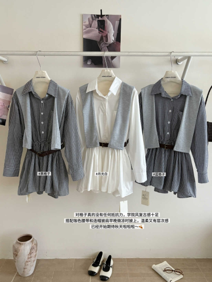 Classic Plaid Shirt Midi Dress 百搭显瘦收腰格子衬衫连身裙~ 配腰带披肩*3 Colors