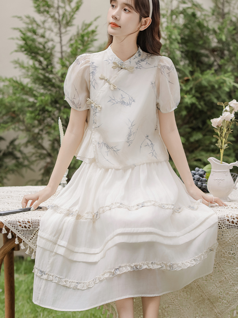 2024 New Women's Bamboo Shadow New Chinese Short-Sleeved Shirt High Waist Skirt Two-Piece Set 40
