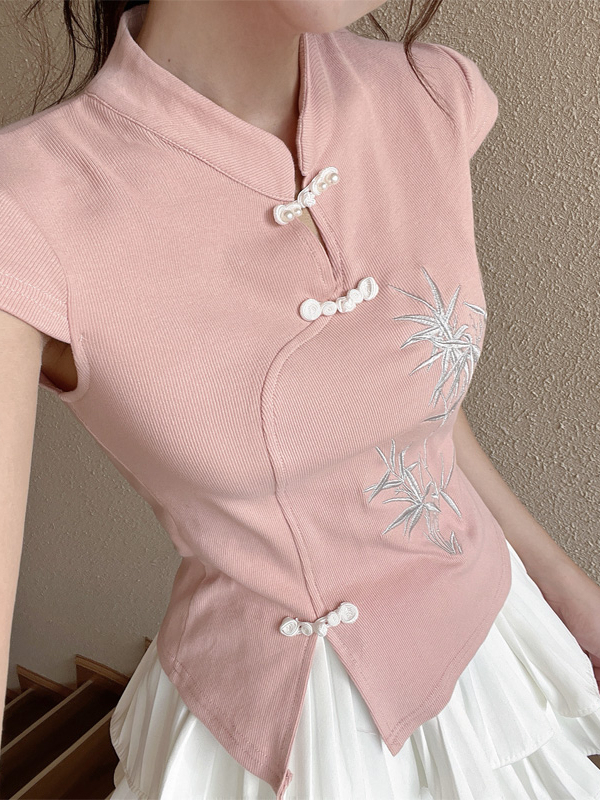 New Chinese Style Embroidered National Style Button Top Design Slimming Pleated Skirt Age-Reducing Workwear Two-Piece Set