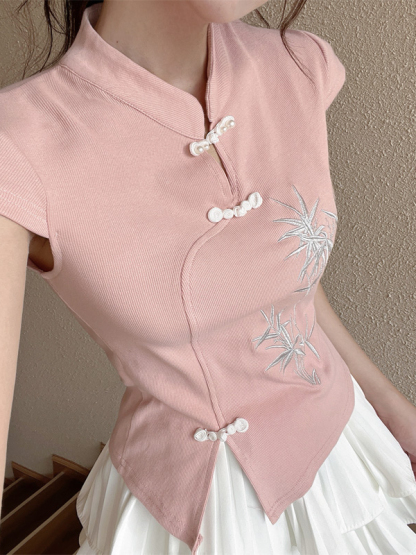 New Chinese Style Embroidered National Style Button Top Design Slimming Pleated Skirt Age-Reducing Workwear Two-Piece Set