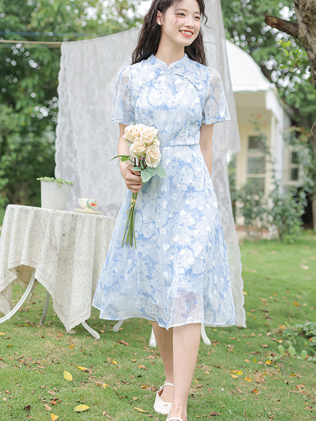 Blue Blossom Chiffon Dress 蓝色雪纺碎花裙