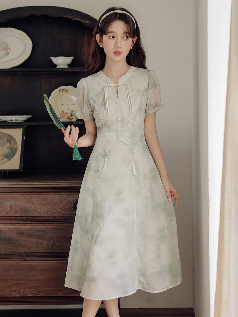 New Chinese Style Improved Cheongsam Printed Temperament Dress Women's Summer New Design Sense Fairy Chic Dress 40