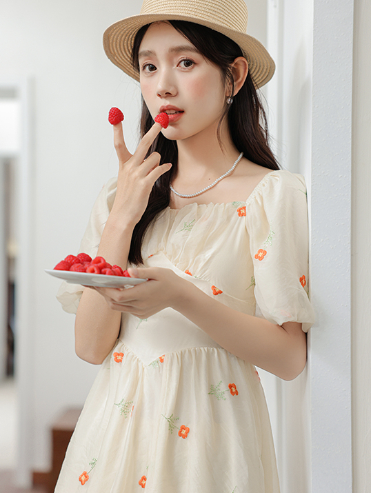 2024 Summer New Embroidery Jacquard Artistic Fresh Teacher Waist Dress