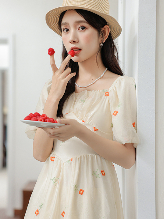 2024 Summer New Embroidery Jacquard Artistic Fresh Teacher Waist Dress