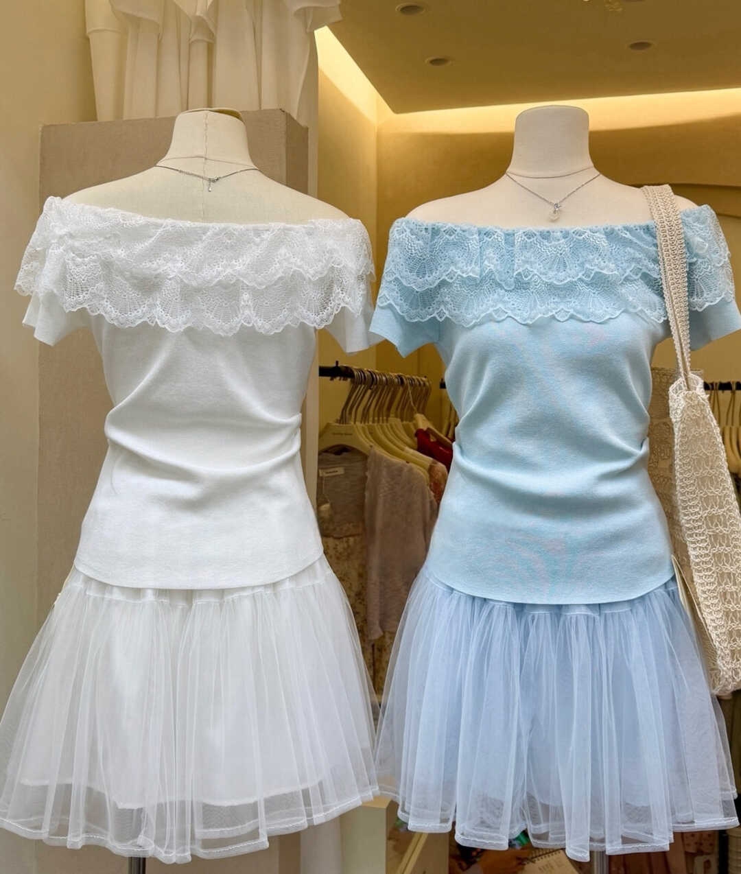 RINA Lace Off-Shoulder Knit Top 法式甜美蕾丝一字领针织上衣*6 Colors