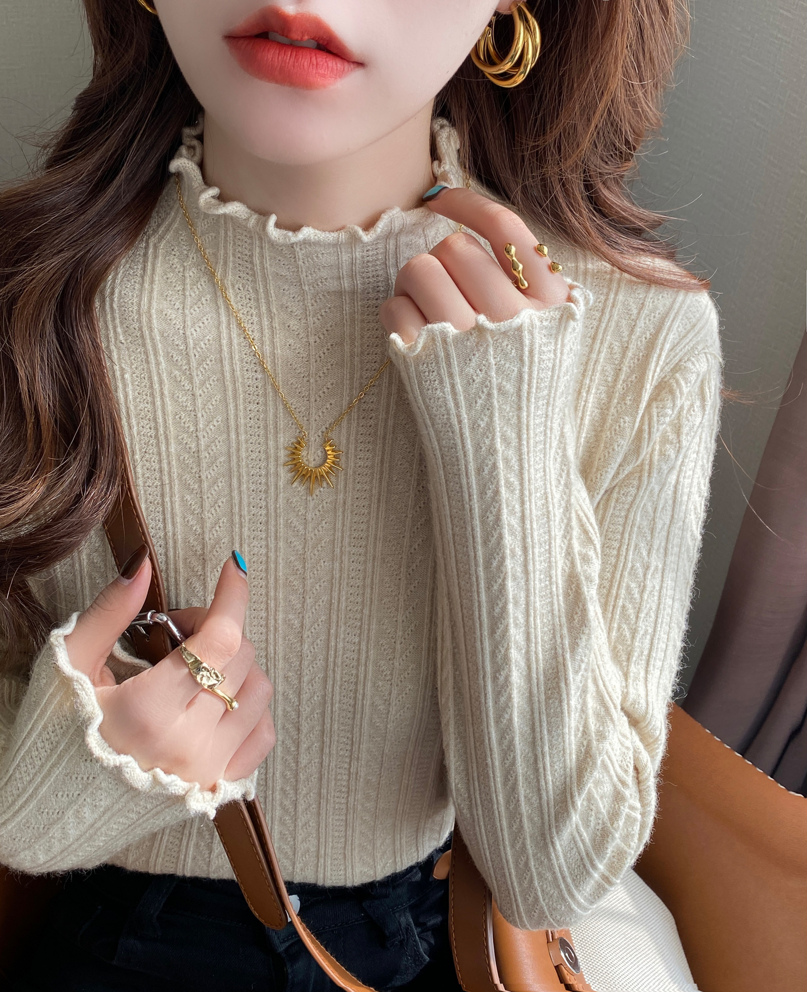 Mock Neck Ruffle Trim Long Sleeve Top 半高领木耳边长袖上衣*11 Colors