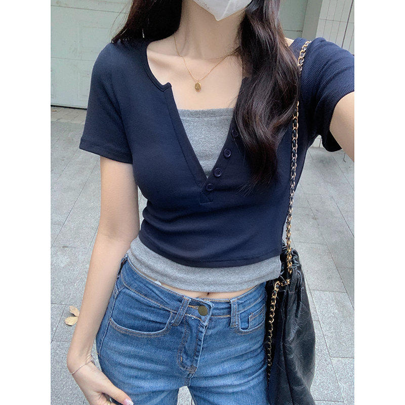 Faux Layered V-Neck Top 假两件V领上衣*4 Colors