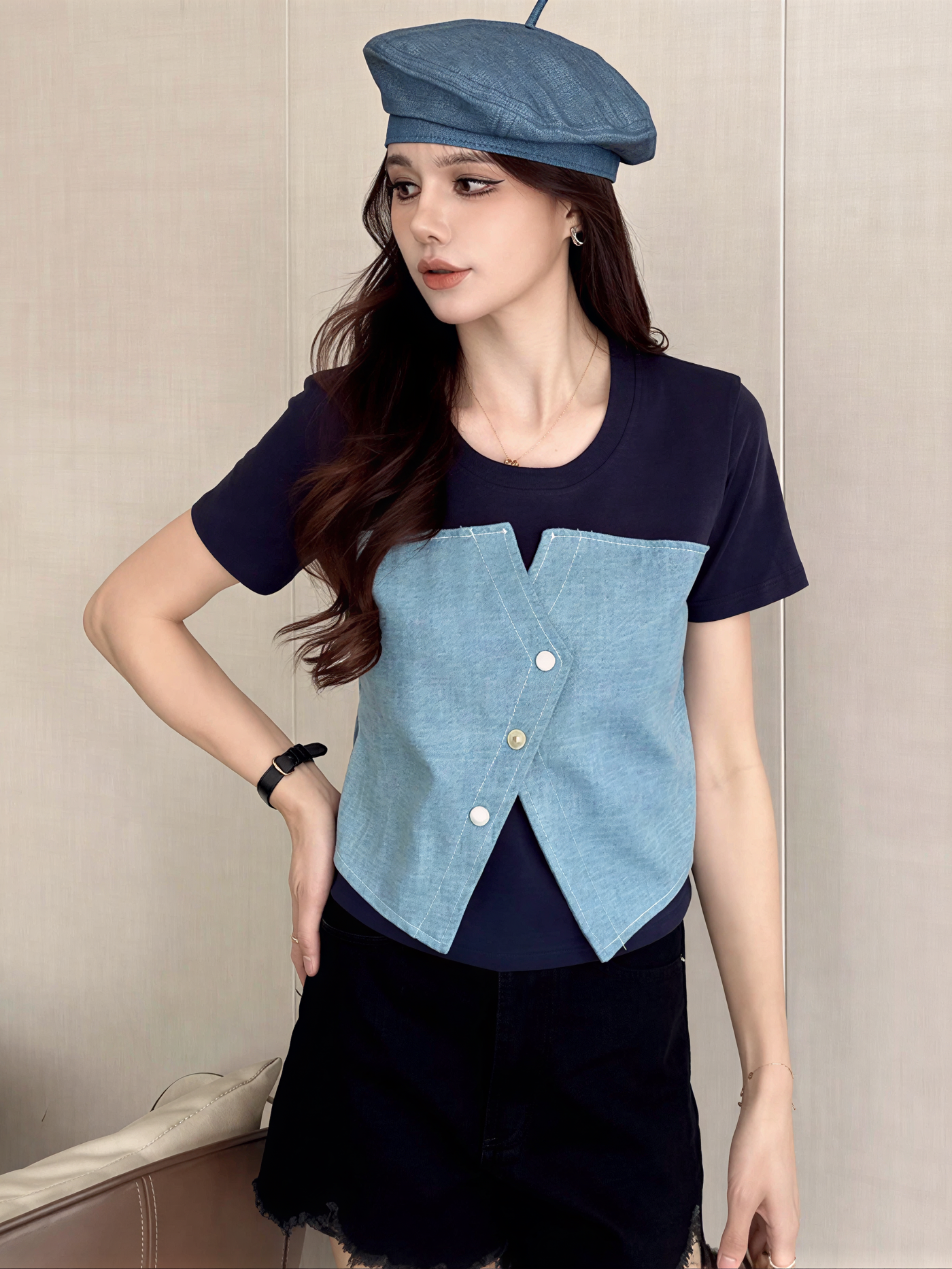 Denim Vest Patchwork T-Shirt 牛仔马甲拼接T恤*4 Colors