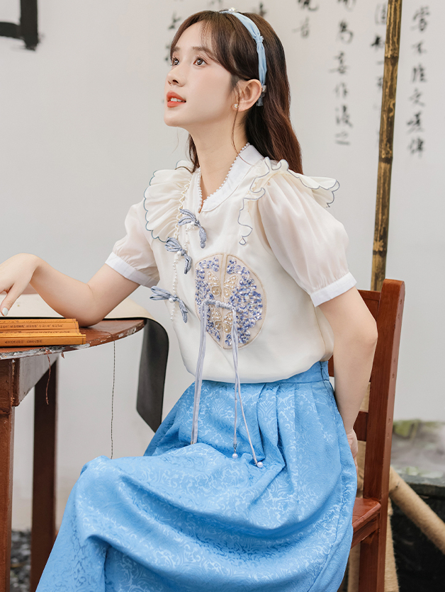 Embroidered Ruffle Hem Top & Skirt Set 刺绣荷叶边上衣+半身裙两件套