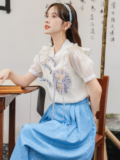 Embroidered Ruffle Hem Top & Skirt Set 刺绣荷叶边上衣+半身裙两件套