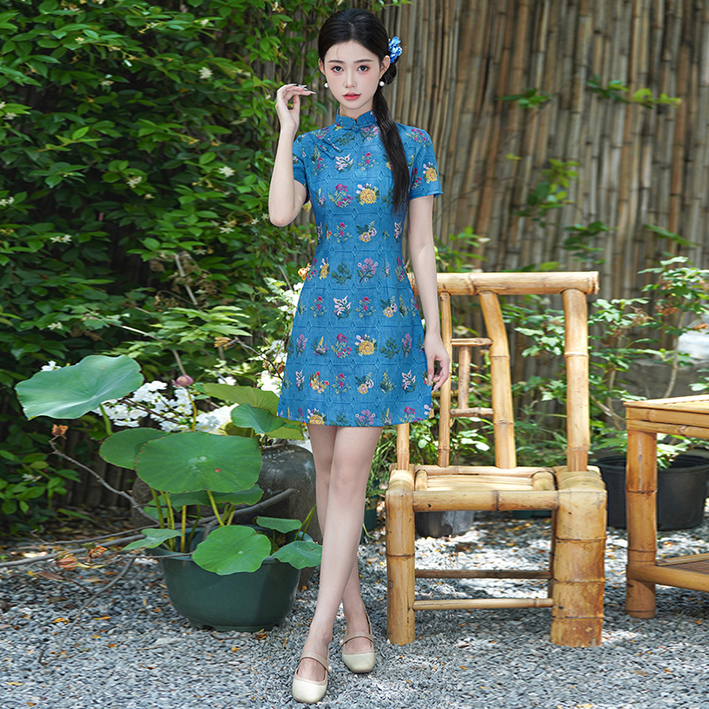 Fresh Floral Print Improved Cheongsam New Chinese Style Retro Age-Reducing Commuting Daily Wear Dress
