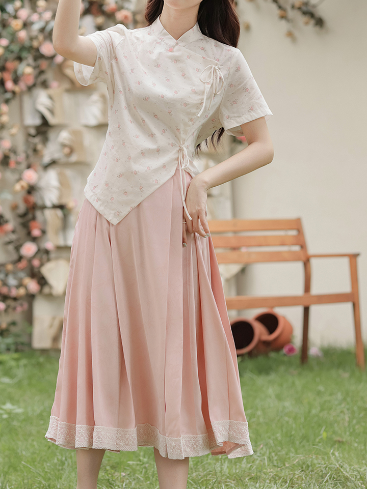 Chinese Style Pink Floral Stand Collar Shirt Tie Top Pink Bamboo Pattern Lace Half Skirt 粉色碎花衬衫+蕾丝半身裙两件套