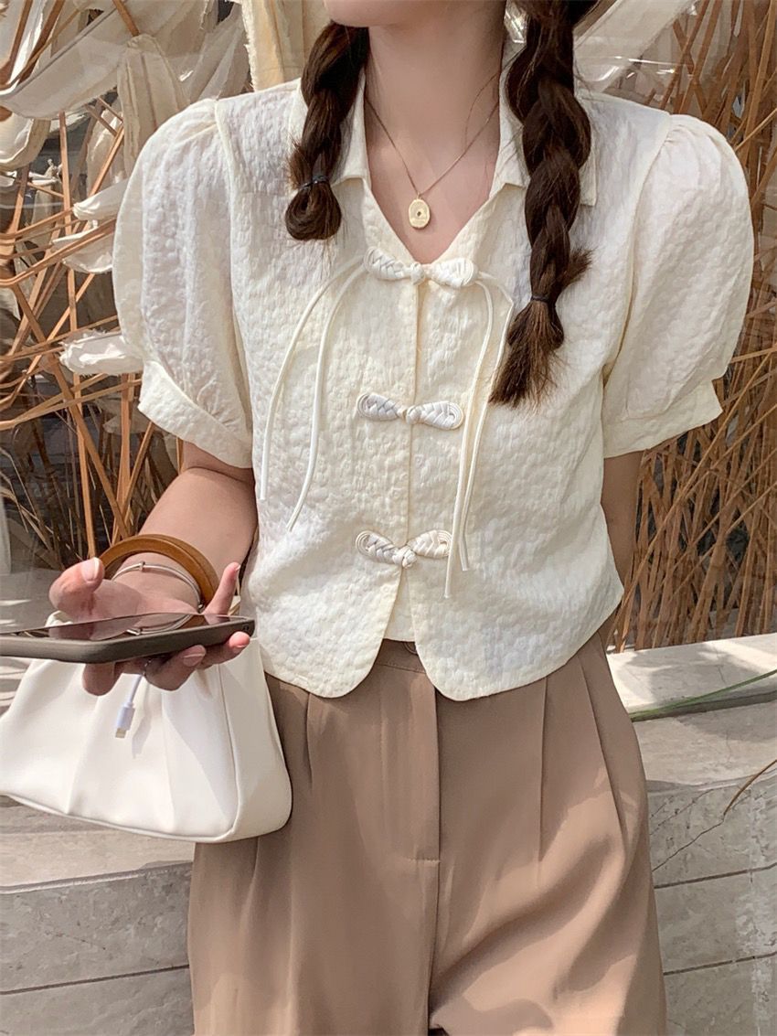 Retro Buckle Shirt Women's Clothing Puff Sleeve Top Design Sense Niche Summer New Style White French Short Sleeve Shirt