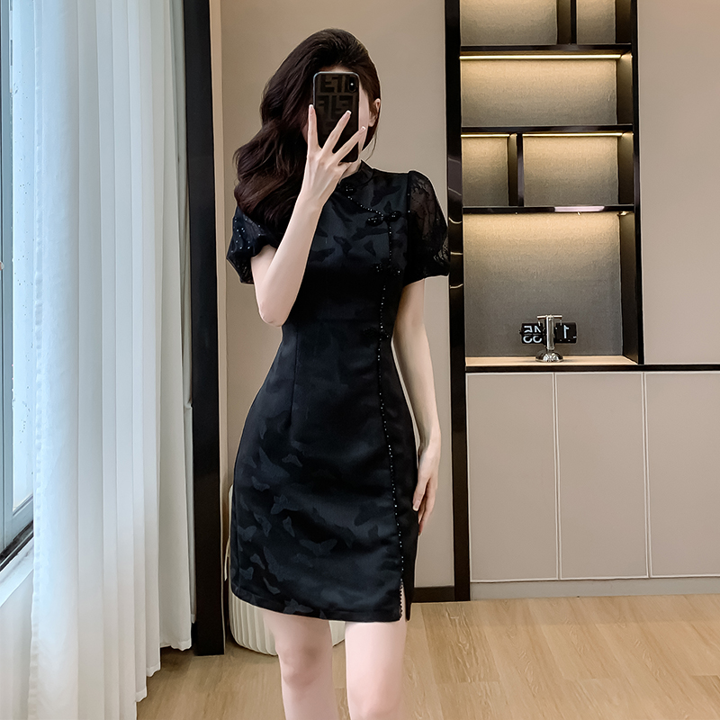 提花泡泡袖旗袍连衣裙*2 Colors