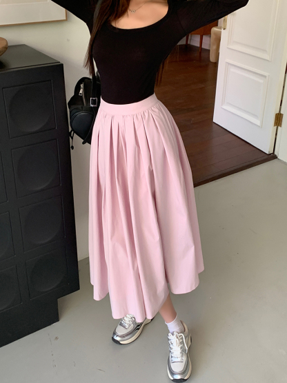 Real Shot 2023 Summer New Sweet Pink Large Swing A- line Pleated Dress for Women Skirt