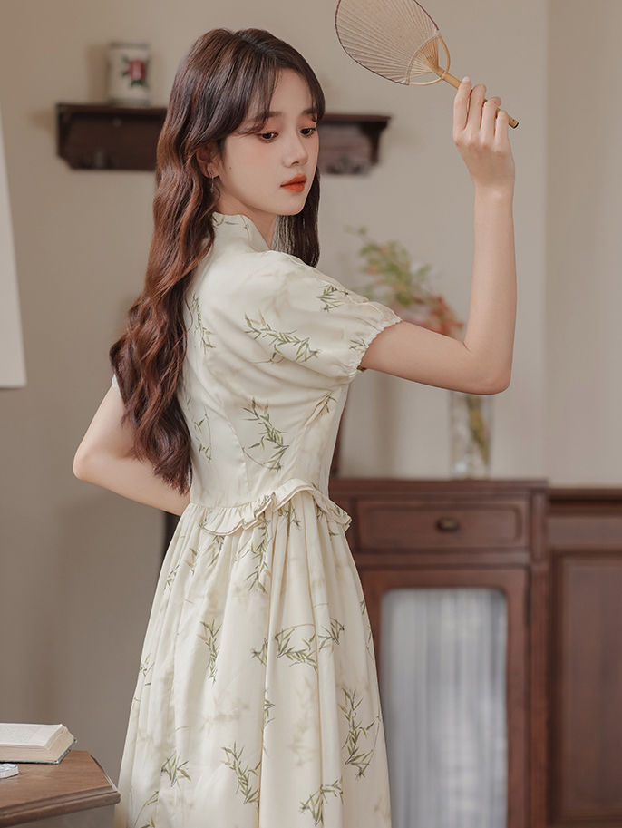 Apricot Tencel Bamboo Leaf Printing New Chinese Style Dress Short Sleeve Waist-Controlled Slimming Dress 40