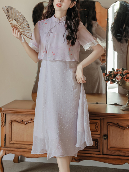 烟紫色古风印花假两件雪纺连衣裙  Lavender Floral Chiffon Layered Dress